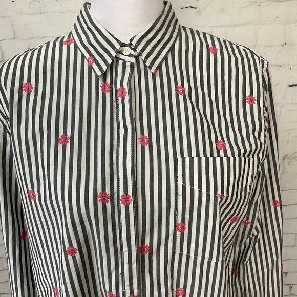 Gap Women Button Up Shirt Gray White Pink Daisy Long Sleeve Classic Fit … - Picture 8 of 12